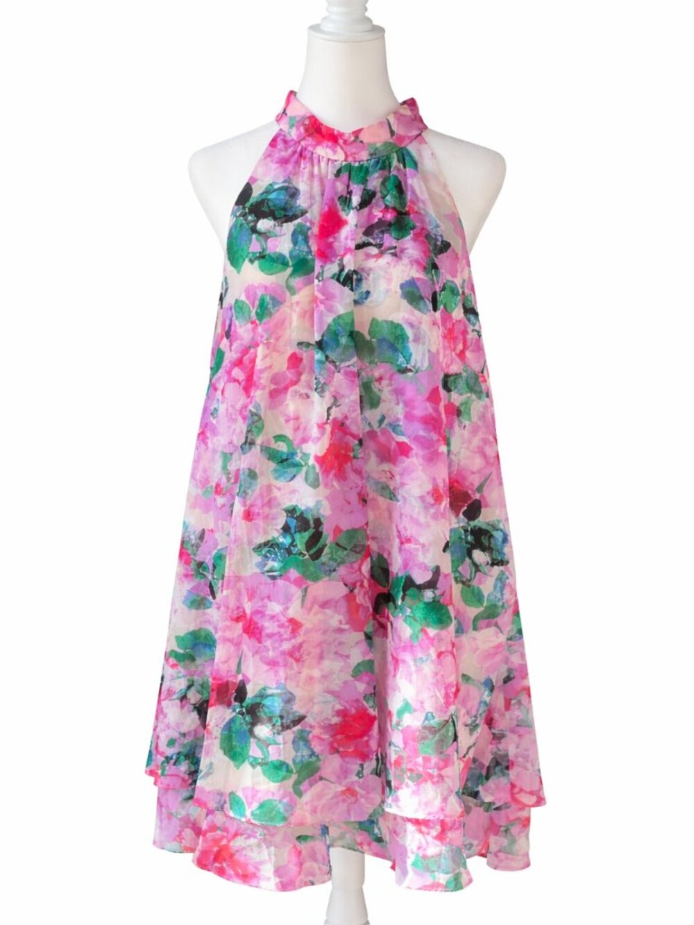 Eliza J Floral Halter Dress | Chiffon Trapeze Swing | Pink Green Tea Party Dress